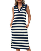 Détail du col polo sur la robe midi rayée pour femme