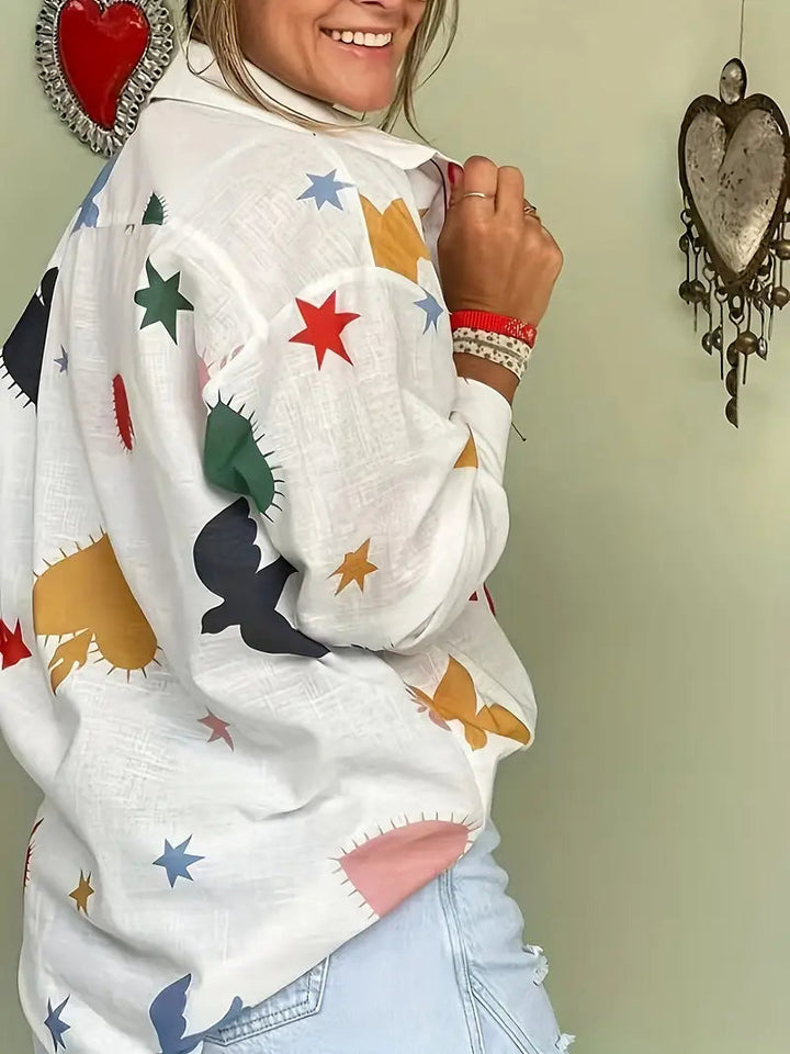 Blouse ample imprimée en mélange de lin à boutons-poussoirs
