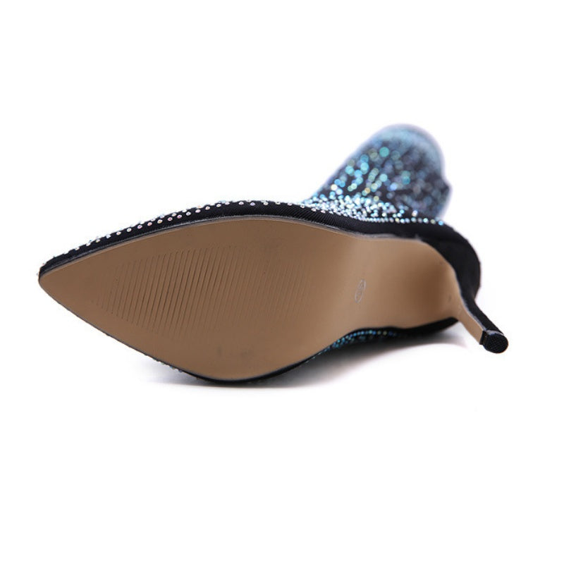 Bottes mi-cuisses étincelantes en faux diamant