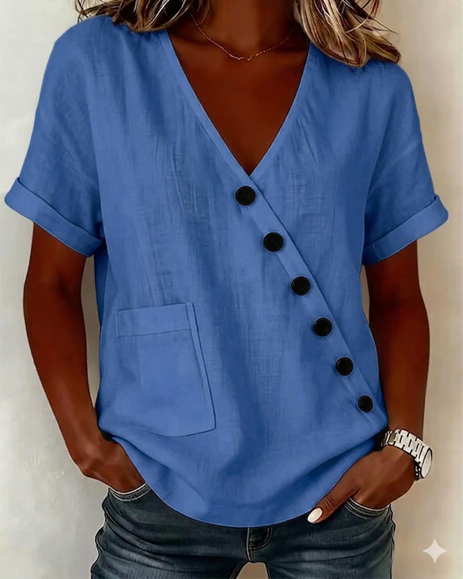 Blouse en coton à col en V avec patte de boutonnage diagonale