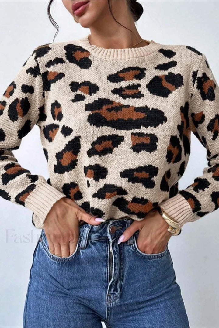 Pull à col rond chic avec imprimé léopard bicolore