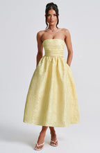 Robe midi bustier en jacquard floral citron