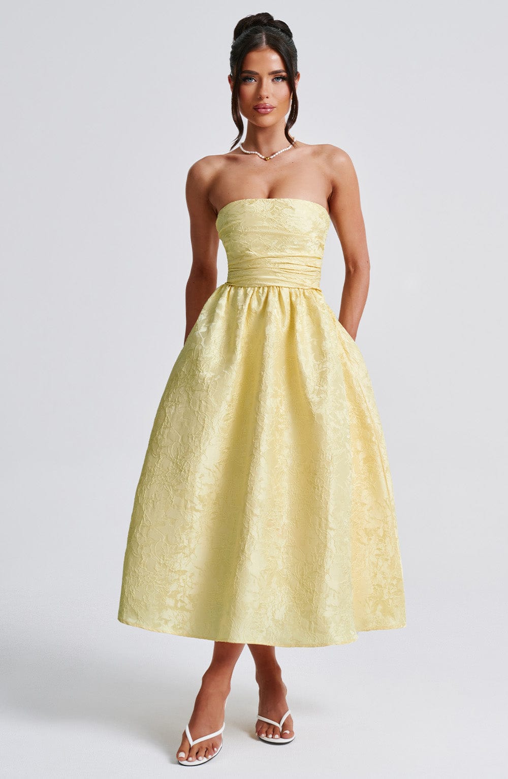 Robe midi bustier en jacquard floral citron