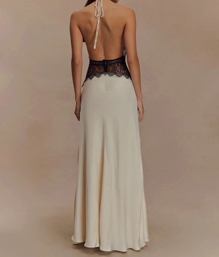 Robe Maxi Dos Nu à Panneaux en Dentelle et Col Halter