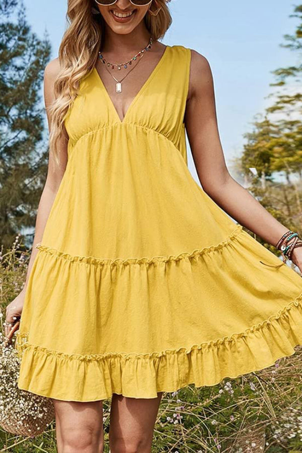 Robe courte décontractée ample sans manches à col en V uni