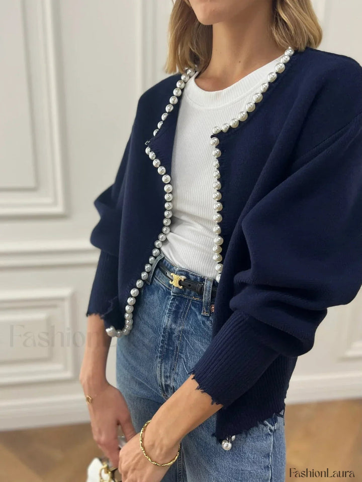 Cardigan en maille à bords déchirés avec bordure de perles
