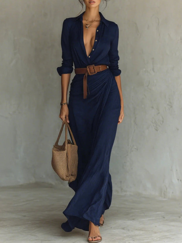 Robe longue élégante sur mesure à manches longues avec col à revers