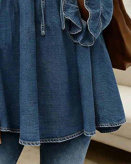 Blouse Bleue Inspirée du Denim à Détails Volants Aérée