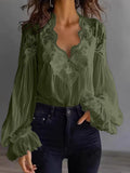 Blouse Femme en Dentelle à Manches Bouffantes Patchwork