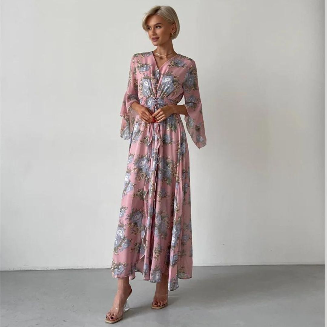 Pauline Laurent® | Robe midi florale avec décolleté en V