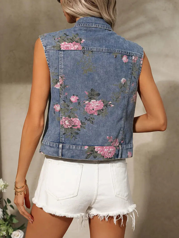 Veste sans manches en jean pour femme avec motif floral