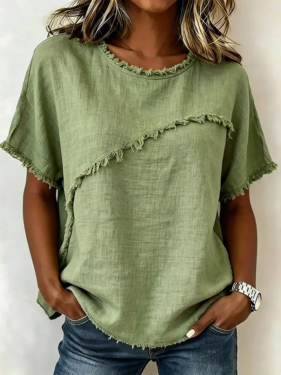 T-shirt femme ample uni à franges avec col rond, vue de dos