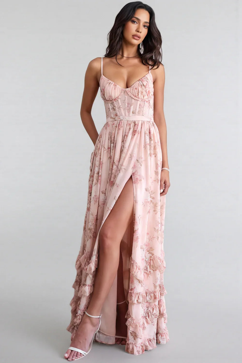 Robe Maxi à Bretelles Spaghetti avec Ourlet à Volants