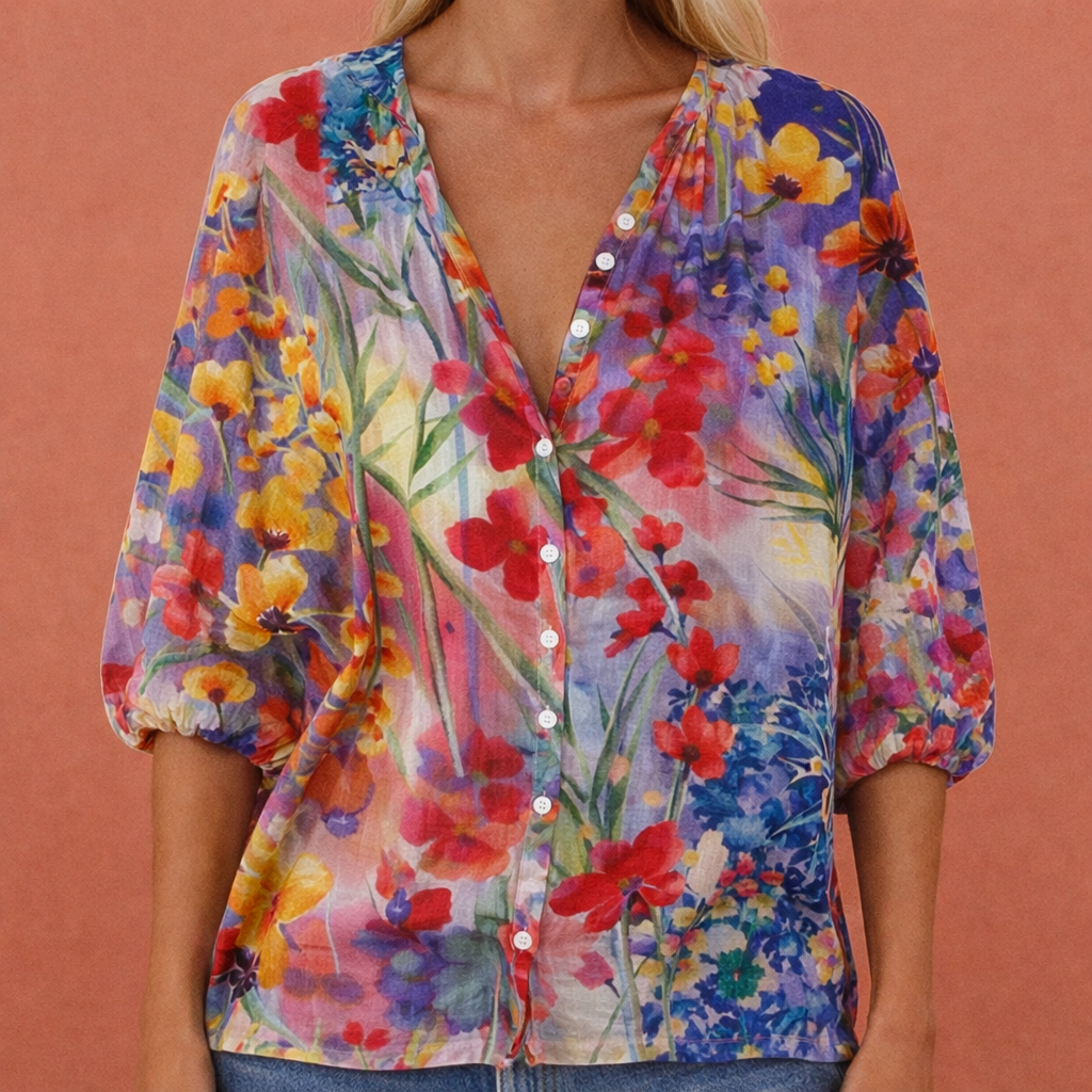 Blouse boutonnée imprimée à col en V pour femmes