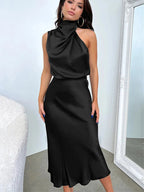Robe midi en satin pour femme à encolure asymétrique