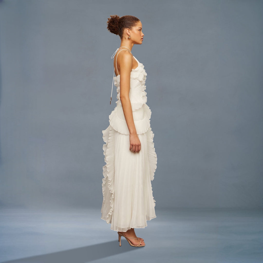 Robe mi-longue plissée blanche en forme de rose thé pour femmes