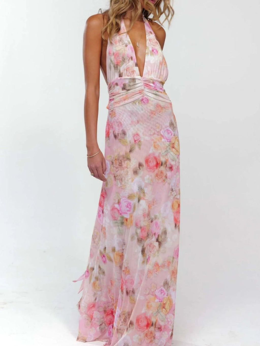 Robe longue froncée à col halter imprimé floral