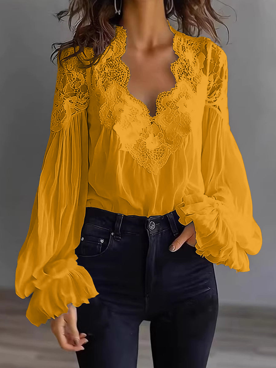 Blouse Femme en Dentelle à Manches Bouffantes Patchwork