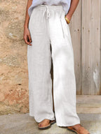 Pantalon large décontracté en coton et lin pour femmes