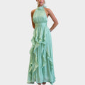 Robe longue élégante à col licou avec volants pour femme