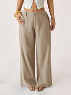 Pantalon taille haute large en mélange coton lin