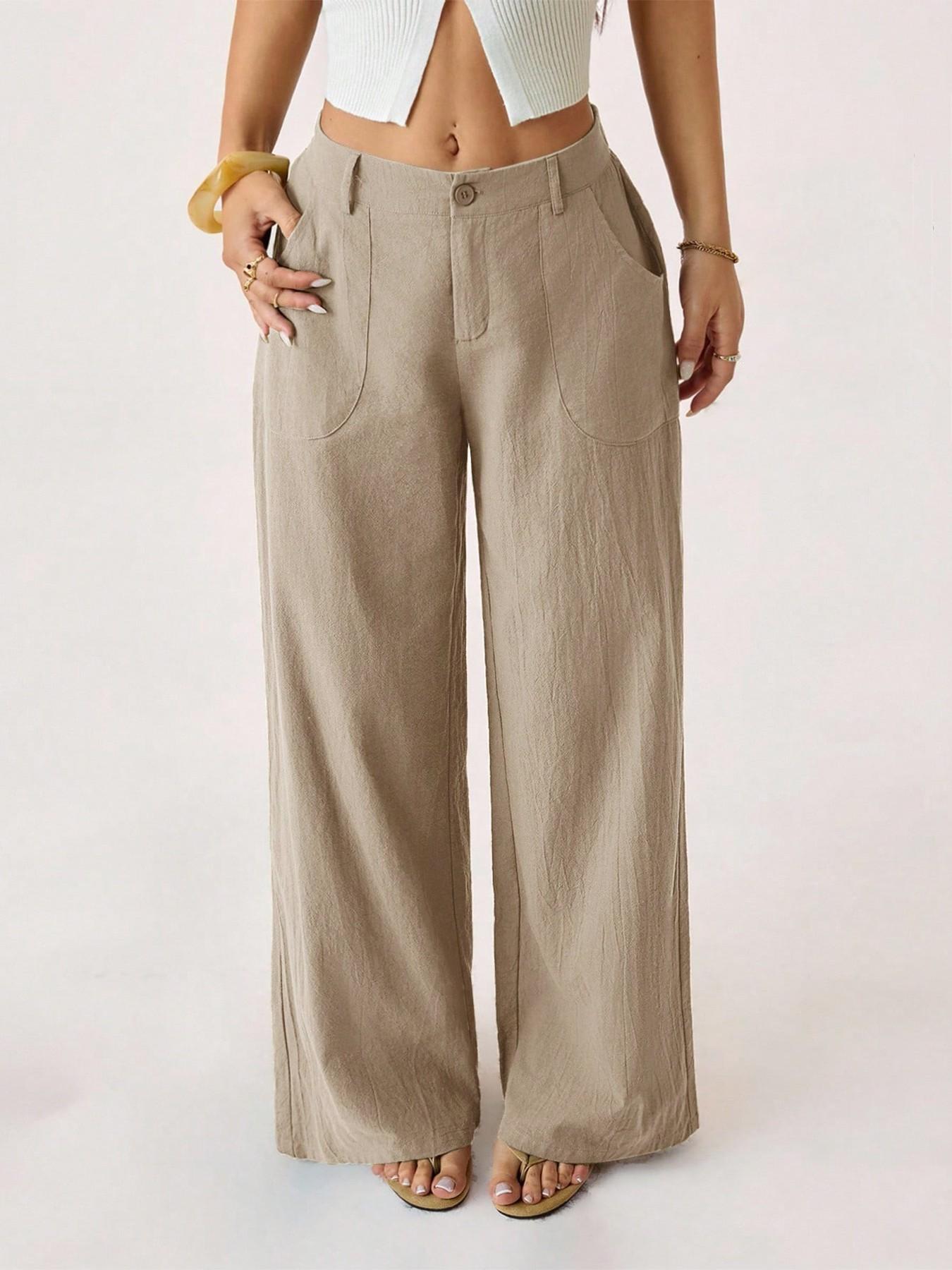 Pantalon taille haute large en mélange coton lin