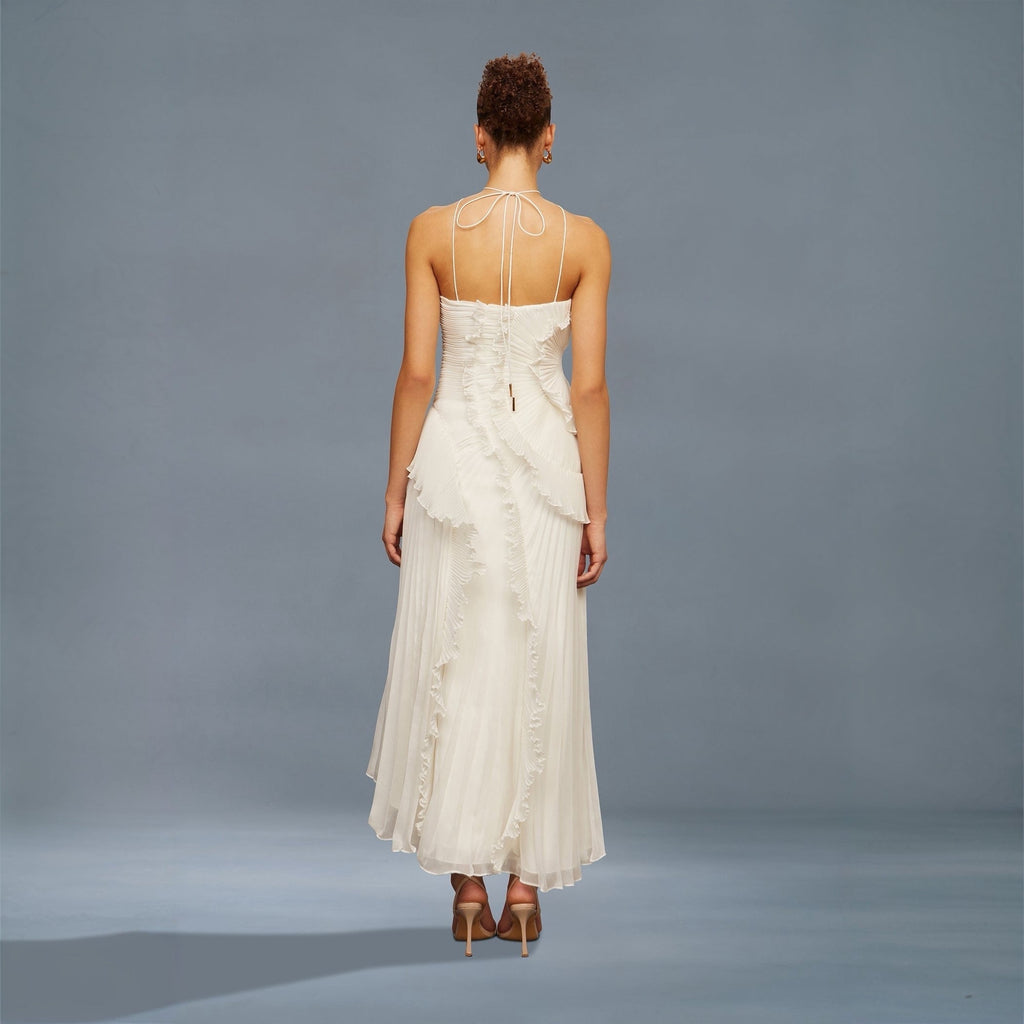Robe mi-longue plissée blanche en forme de rose thé pour femmes