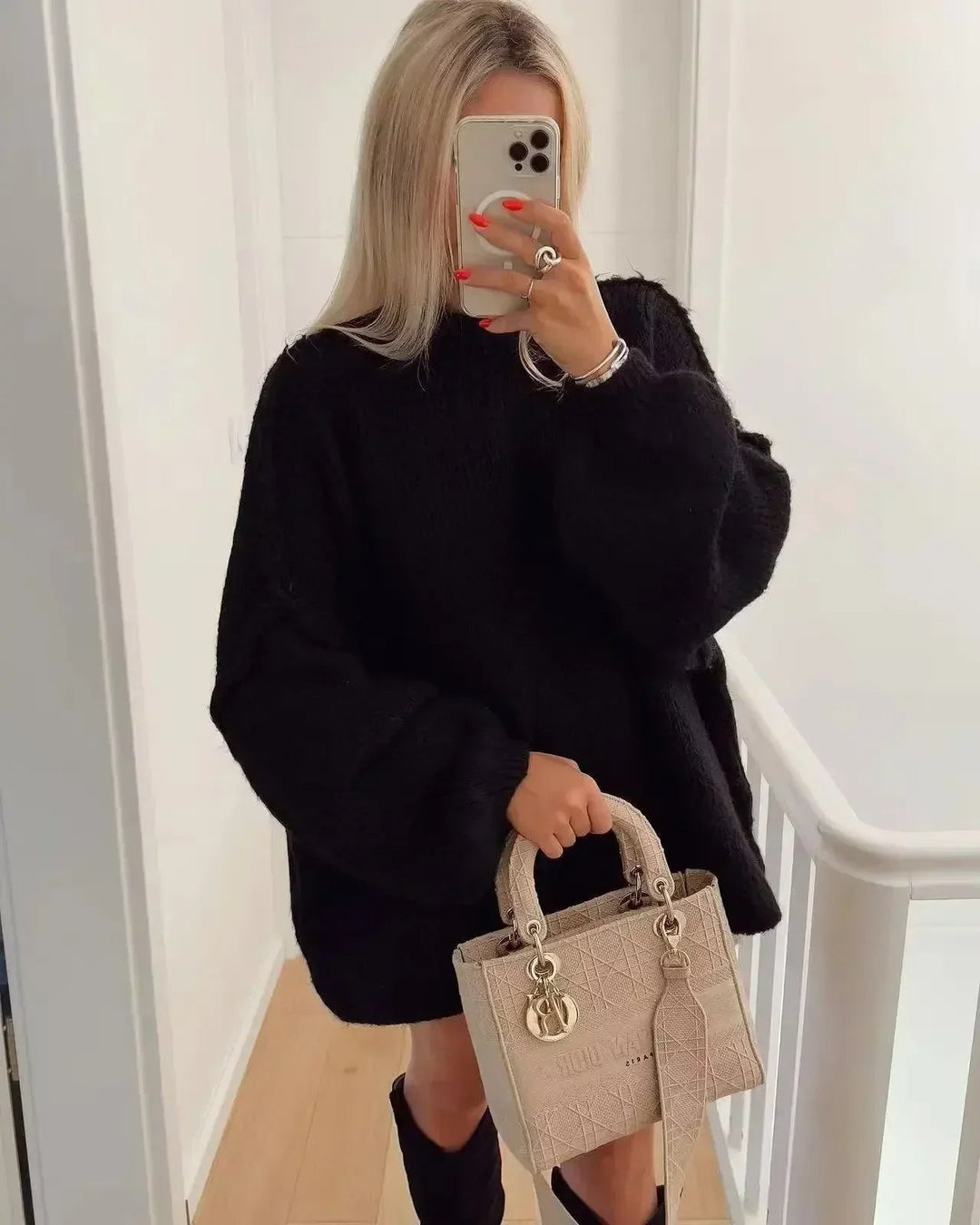 Pull en tricot confortable à col roulé avec manches bouffantes tendance