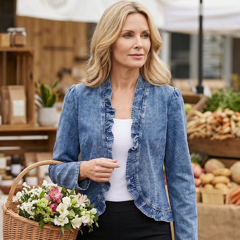 Veste en jean pour femmes avec bordure à volants et devant ouvert