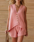 Ensemble Femme Uni Débardeur Boutonné Et Short Décontracté