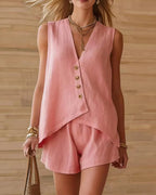 Ensemble Femme Uni Débardeur Boutonné Et Short Décontracté