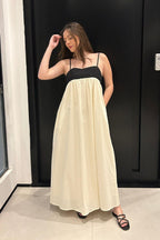 Robe midi ample en mélange lin et coton noir et blanc