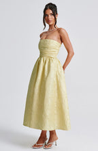 Robe midi bustier en jacquard floral citron