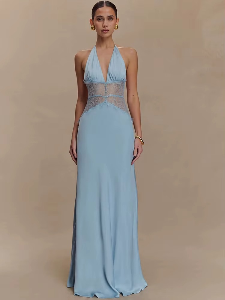 Robe Maxi Dos Nu à Panneaux en Dentelle et Col Halter