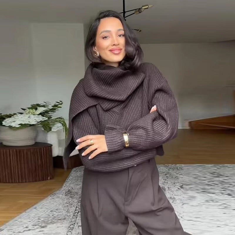 Pull côtelé marron chocolat avec écharpe intégrée