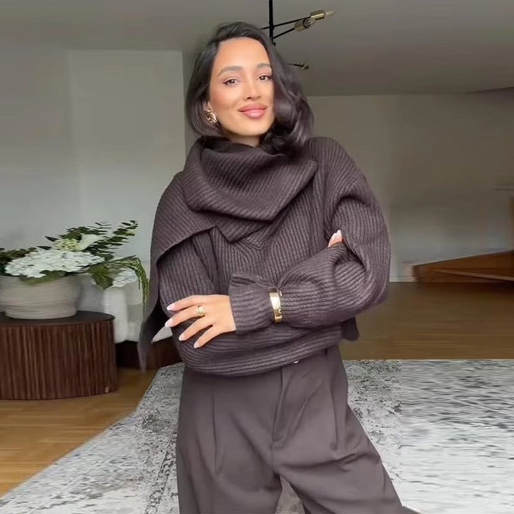 Pull côtelé marron chocolat avec écharpe intégrée