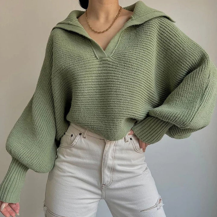 Pull en tricot col ouvert à manches lanterne confortable