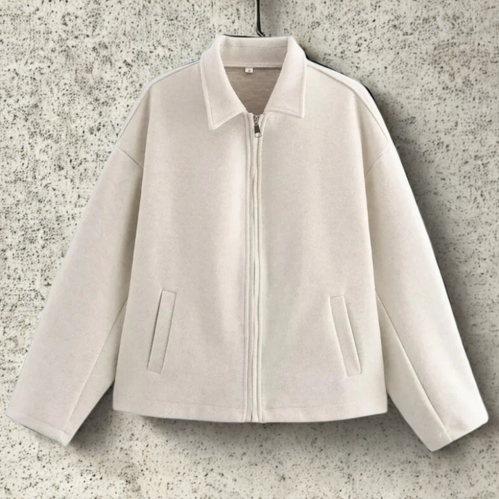 Veste courte femme coupe carrée avec col pointu et fermeture éclair avant