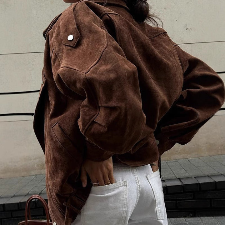 Veste Bomber Oversize Aspect Daim avec Fermeture Éclair Asymétrique