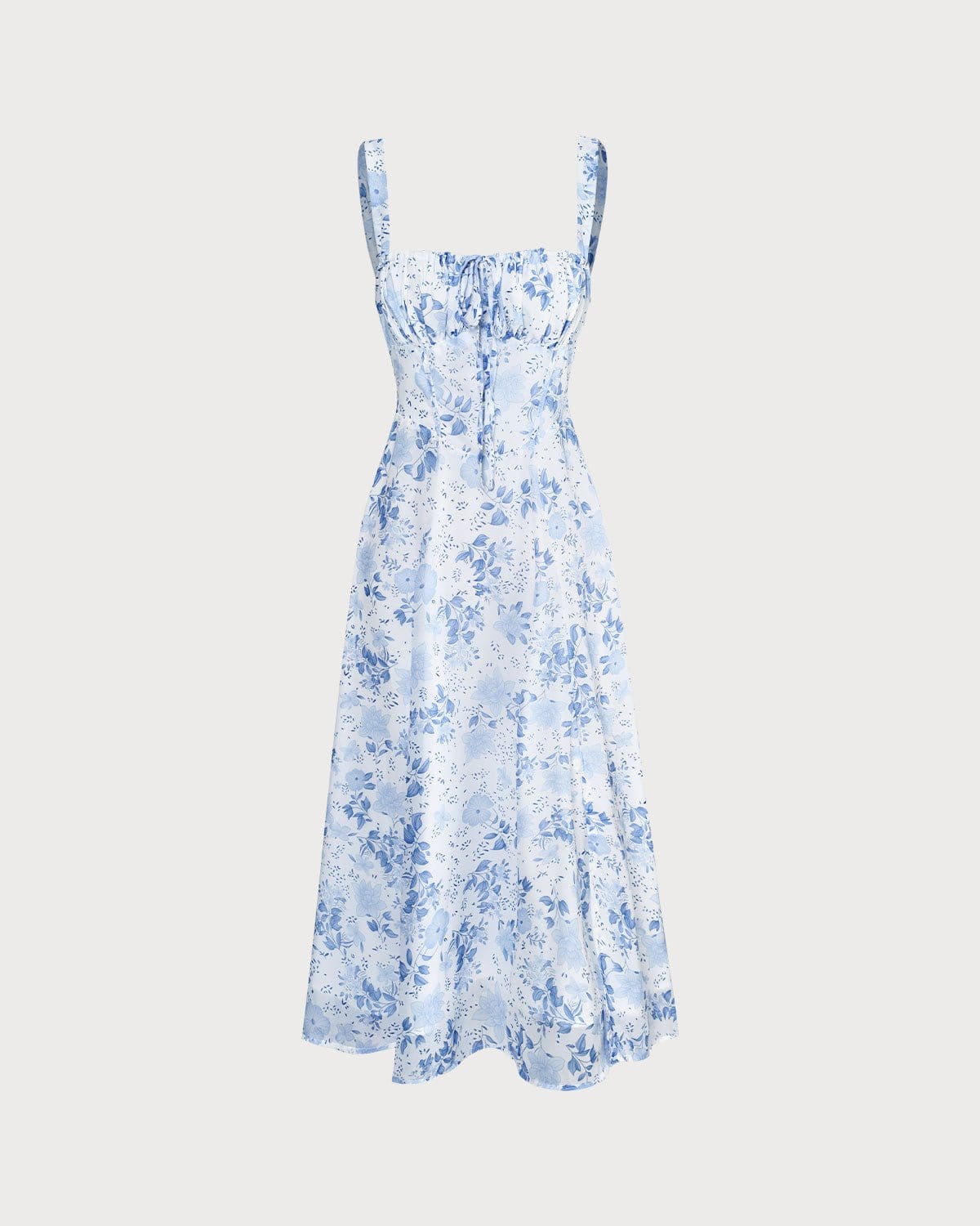 Robe mi-longue bleue à fleurs avec col carré froncé