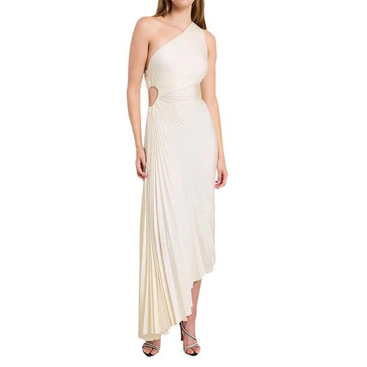 Robe midi plissée asymétrique à une épaule