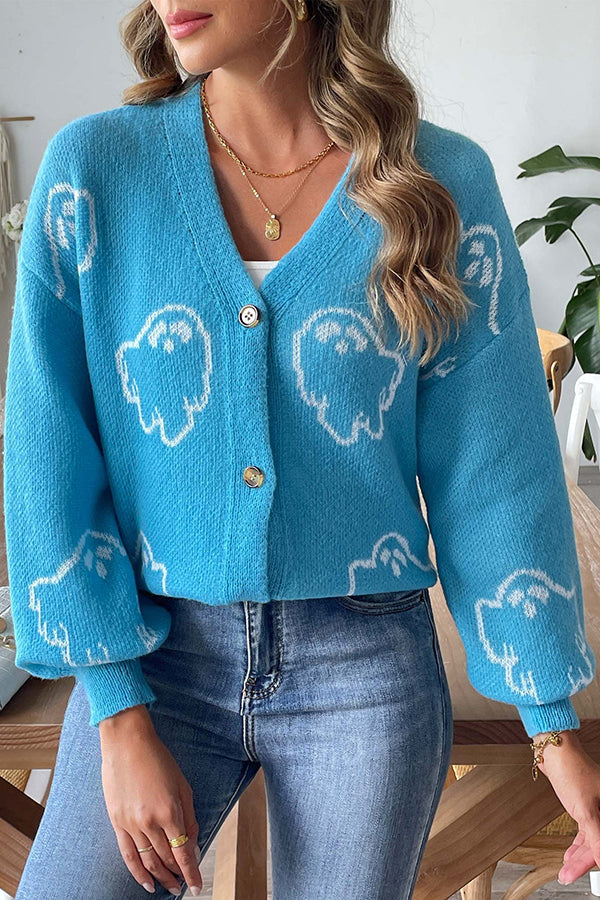 Pull en tricot confortable d'Halloween avec fantôme et boutons devant