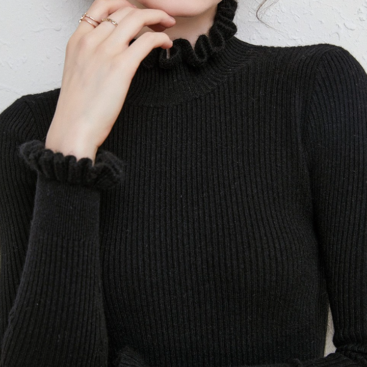 Pull en maille col roulé confortable avec bordure à volants féminine