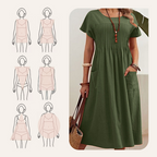 Robe mi-longue plissée à manches courtes avec poches