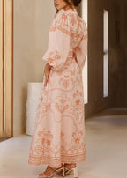 Sophie Paris I Robe chemise en lin imprimé rose avec manches ballon et ceinture à nouer