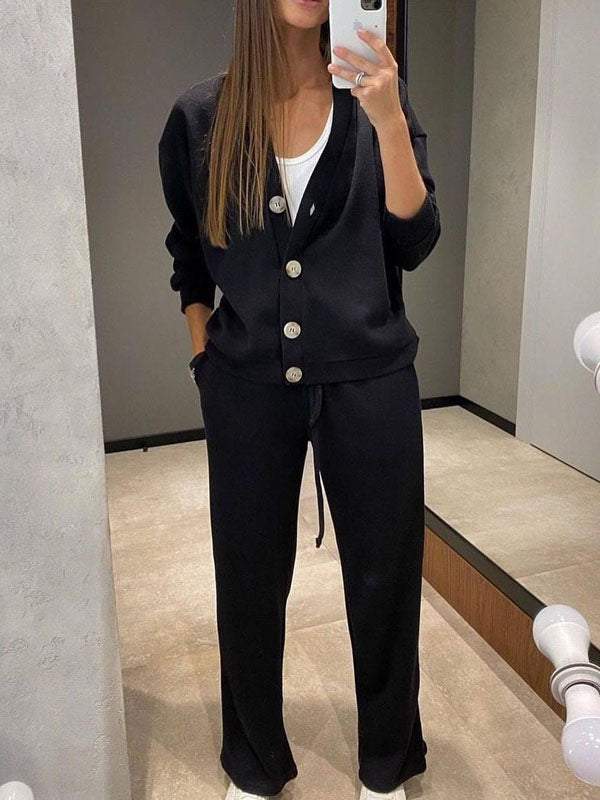 Ensemble décontracté confortable pull à col en V et pantalon