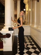 Robe Maxi Noire pour Femmes avec Détails Découpés en Strass