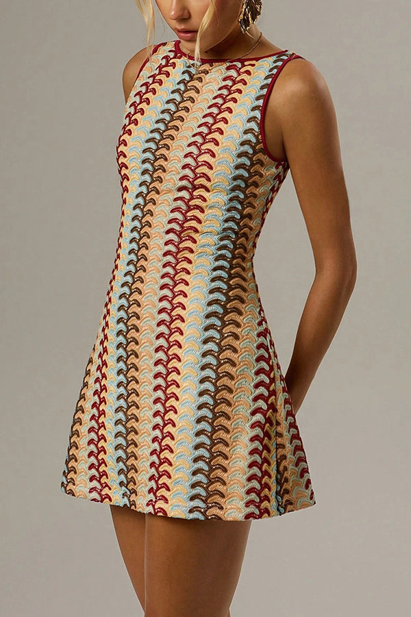 Robe Mini Sans Manches Col Rond à Zigzag Coloré