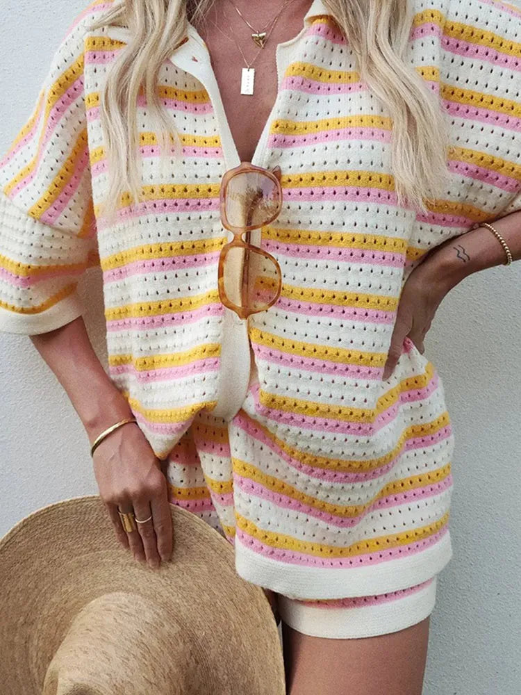Ensemble 2 pièces pour femmes en maille avec rayures contrastées