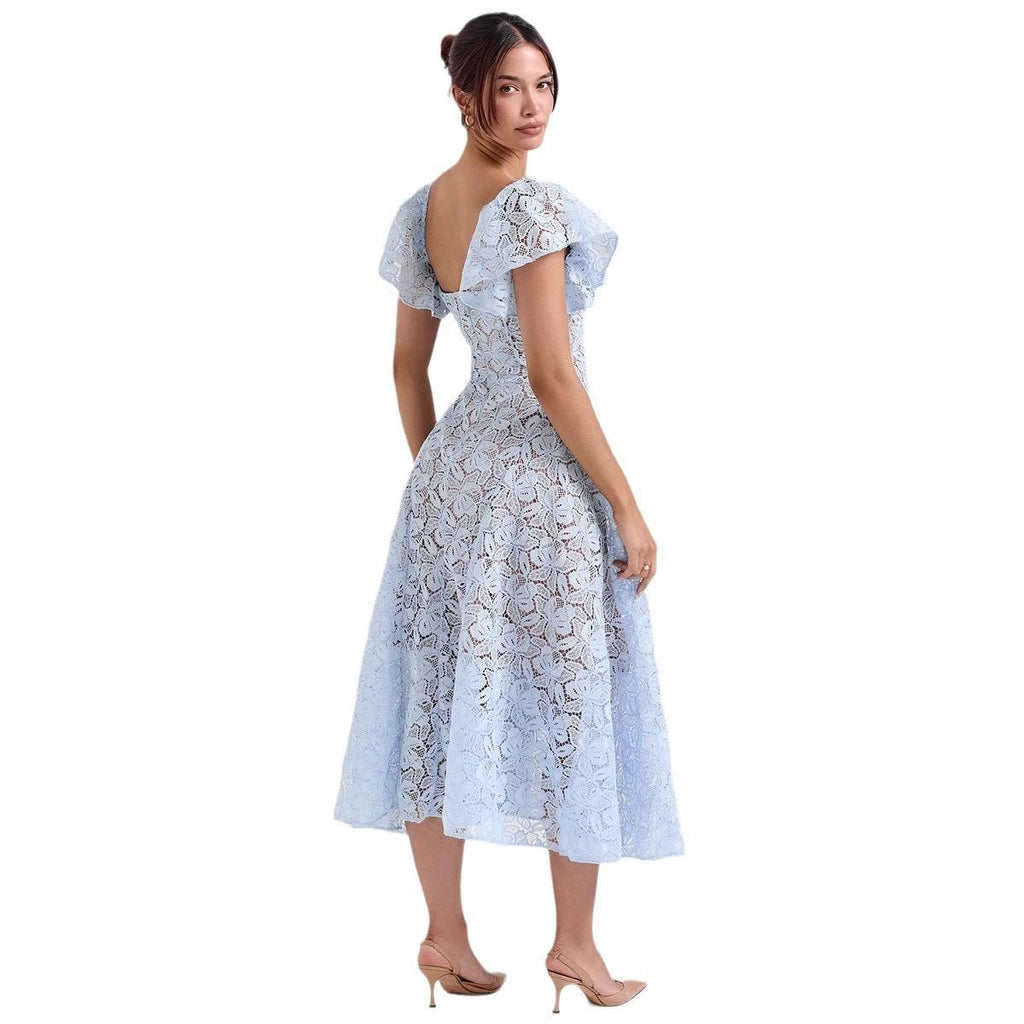 Robe midi en dentelle à manches cloche bleue